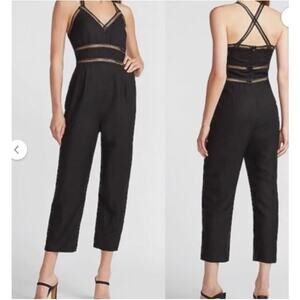 Express Washable Linen Blend Jumpsuit with Sheer Lace Details